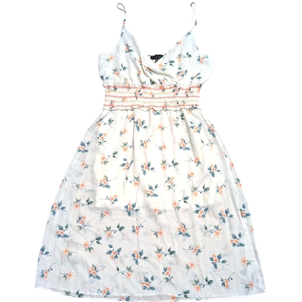 Trixxi Sundress XL White Peach Floral Sun Dress Empire Waist Midi Dressy NEW